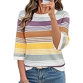 LOMON Womens Sweaters Casual Fall 2025 Crew Neck Striped 3/4 Sleeve Lightweight Knit Trendy Pullover Sweater Tops S-XL