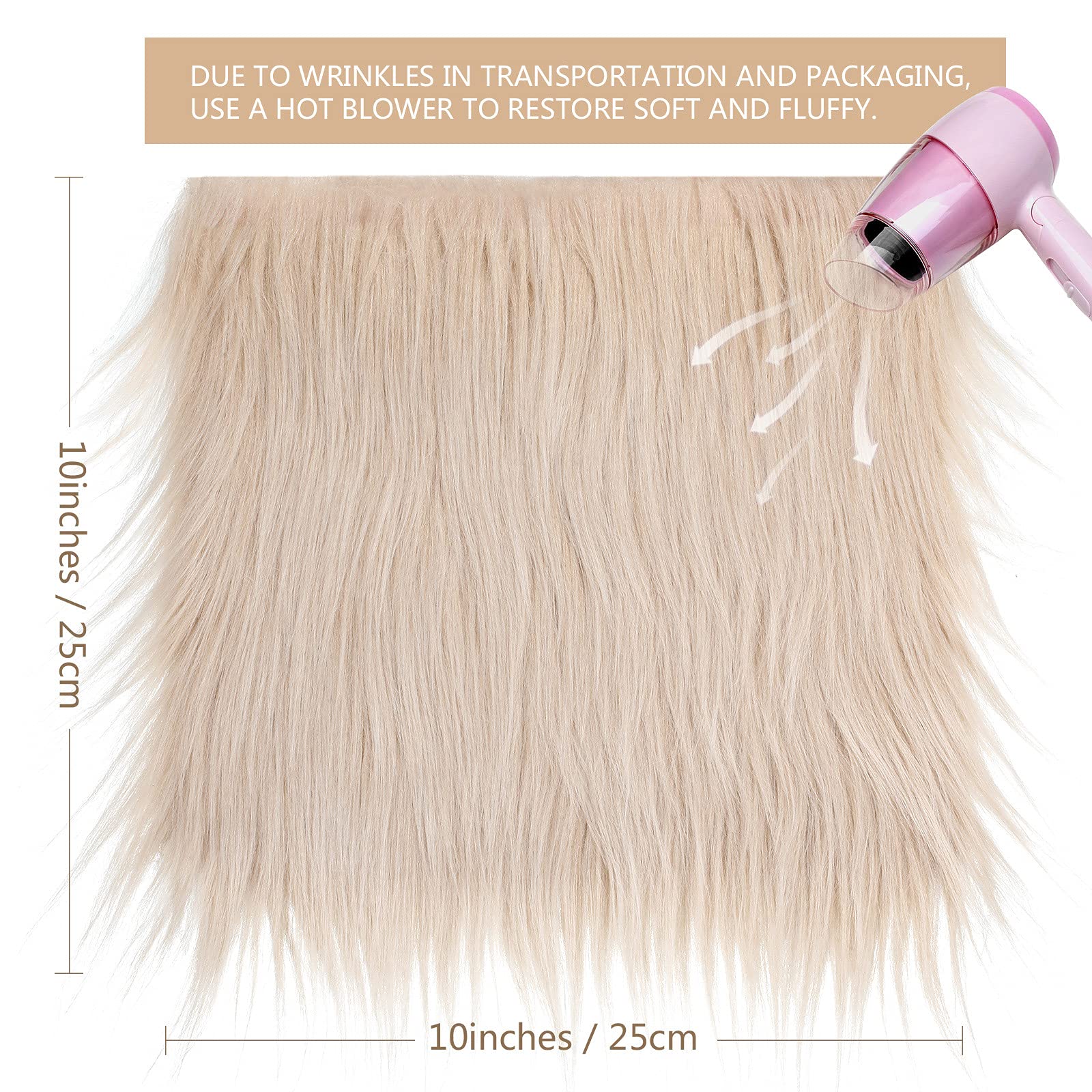 Tatuo 4 Pcs Faux Fur for Craft 10 x 10 Inch Fur Fabric Square Shaggy Fake Fox Patches Fabric Cuts Chair Cover Seat Cushion Pad for DIY(Khaki, White, Black, Gray,4 Pcs)