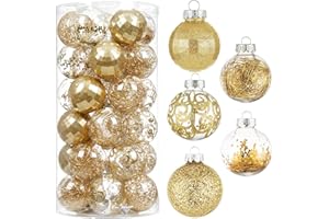 Wironlst Christmas Ball Ornaments Shatterproof Clear Large Plastic Hanging Ball Decorative Baubles Set with Stuffed Delicate Decorations (60mm/2.36", Gold)