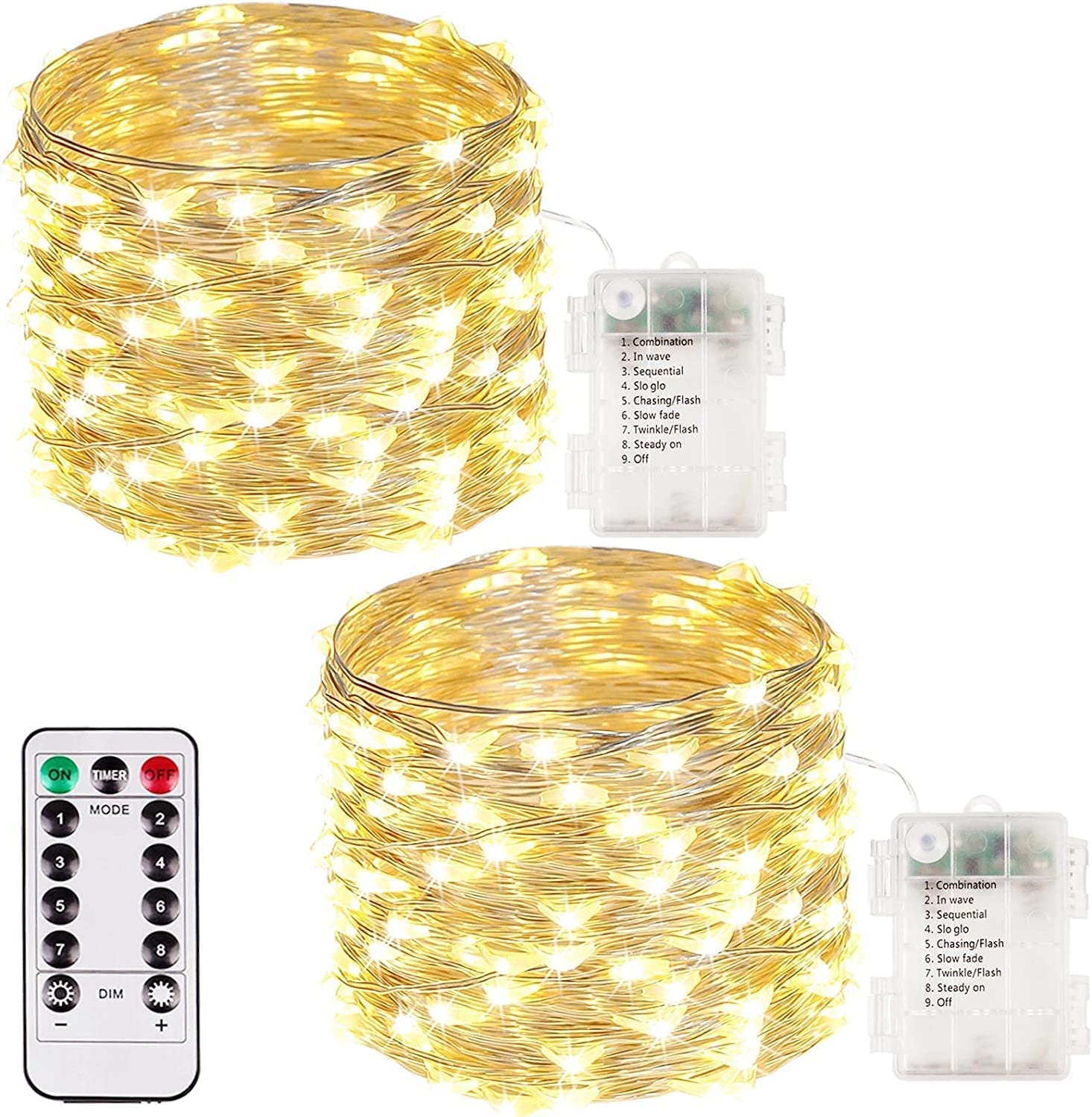 Photo 1 of 2 Pack 100 LED Fairy Lights Battery Operated with Remote, 33FT Waterproof Twinkle Lights with Timer & 8 Modes, Fairy String Lights Outdoor Indoor for Bedroom Classroom DIY Christmas Decor (Warm White)