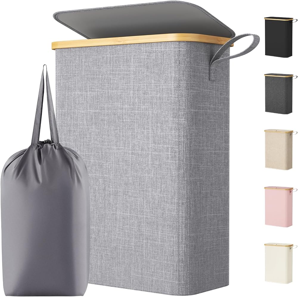 Lifewit 50L Slim Laundry Basket with Lid Grey Narrow Foldable Hamper