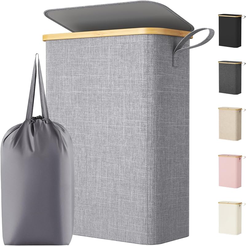Lifewit 50L Slim Laundry Basket with Lid Grey Narrow Foldable Hamper