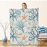 cromcu Coastal Coral Reef Flannel Throw Blanket 60x50 Inch, Starfish Seashell Throws, Nautical Ocean Fleece Blankets for Couch, Bed, Sofa, Travel, Beach Enthusiast Novelty Gifts Decor