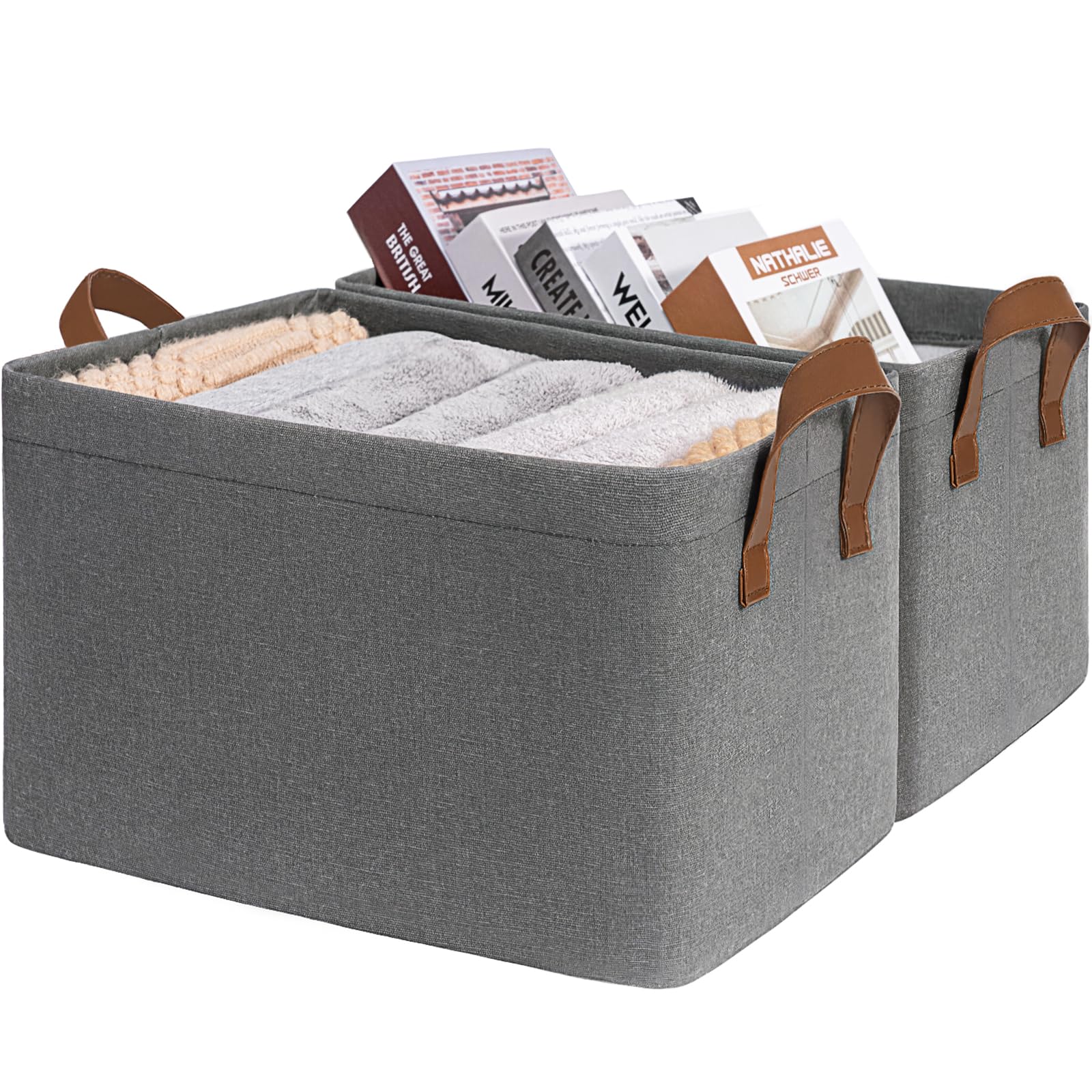 TIMEYARD Storage Boxes Large Storage Baskets, Closet Organizers and Storage, Shelf Baskets with Metal Frame, Foldable Storage Box for Shelves, Wardrobe, 43 x 28 x 25 cm, Grey, 2-Pack