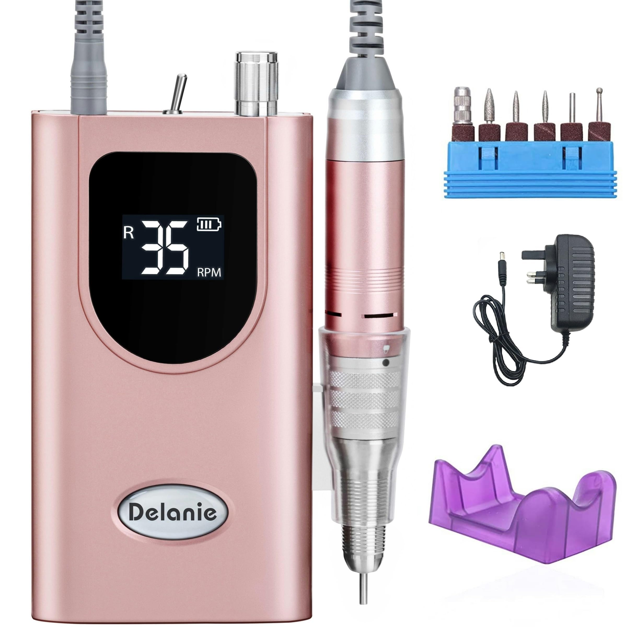 Delanie Electric Nail Drill Professional, Portable 35000 RPM Electric Nail File, Rechargeable E File Kit with 6 Drill Bits for Acrylic Nails and Gel Nails, for Manicure Salon & Home, Pink