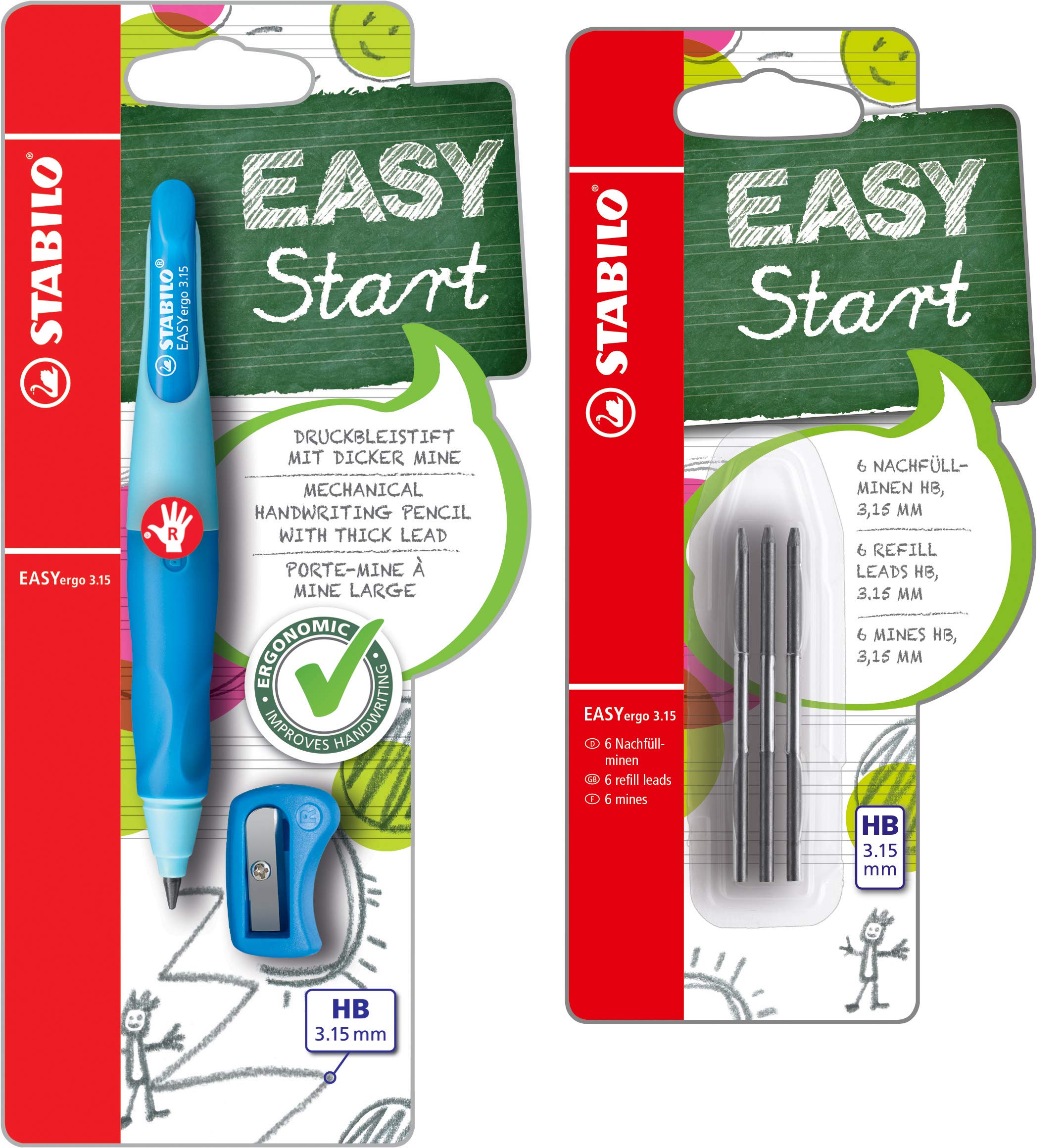 STABILO EASYergo 3.15 Ergonomic Printing Pencil for Right-Handed Users, Light/Dark Blue, Single Pen, Includes 1 Thick Lead, HB Hardness & Sharpener + Refills for Refilling, Pack of 6, HB Hardness