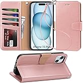 Arae Compatible with iPhone 15 Plus Case with Card Holder and Wrist Strap Wallet Flip Cover for iPhone 15 Plus 6.7 inch,Rose Gold