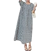 chouyatou Women's Casual Gingham Loose-Fit Swing Dress Cotton Lantern Puff Sleeve Plaid Midi Long Dress