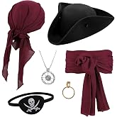 Pirate Costume Accessories Men Women with Tricorn Hat Bandana Sash Adult | 6 Pcs, Pirate Hat, Necklace, Gold Earring, Red Bandana & Sash, Eye Patch, for Halloween Renaissance Cosplay