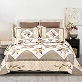 YAYIDAY Quilts Queen Size Patchwork Bedspread Set - 100% Cotton Reversible Breathable Brown Geometric Quilted Quilt with Pillow Shams for All Seasons