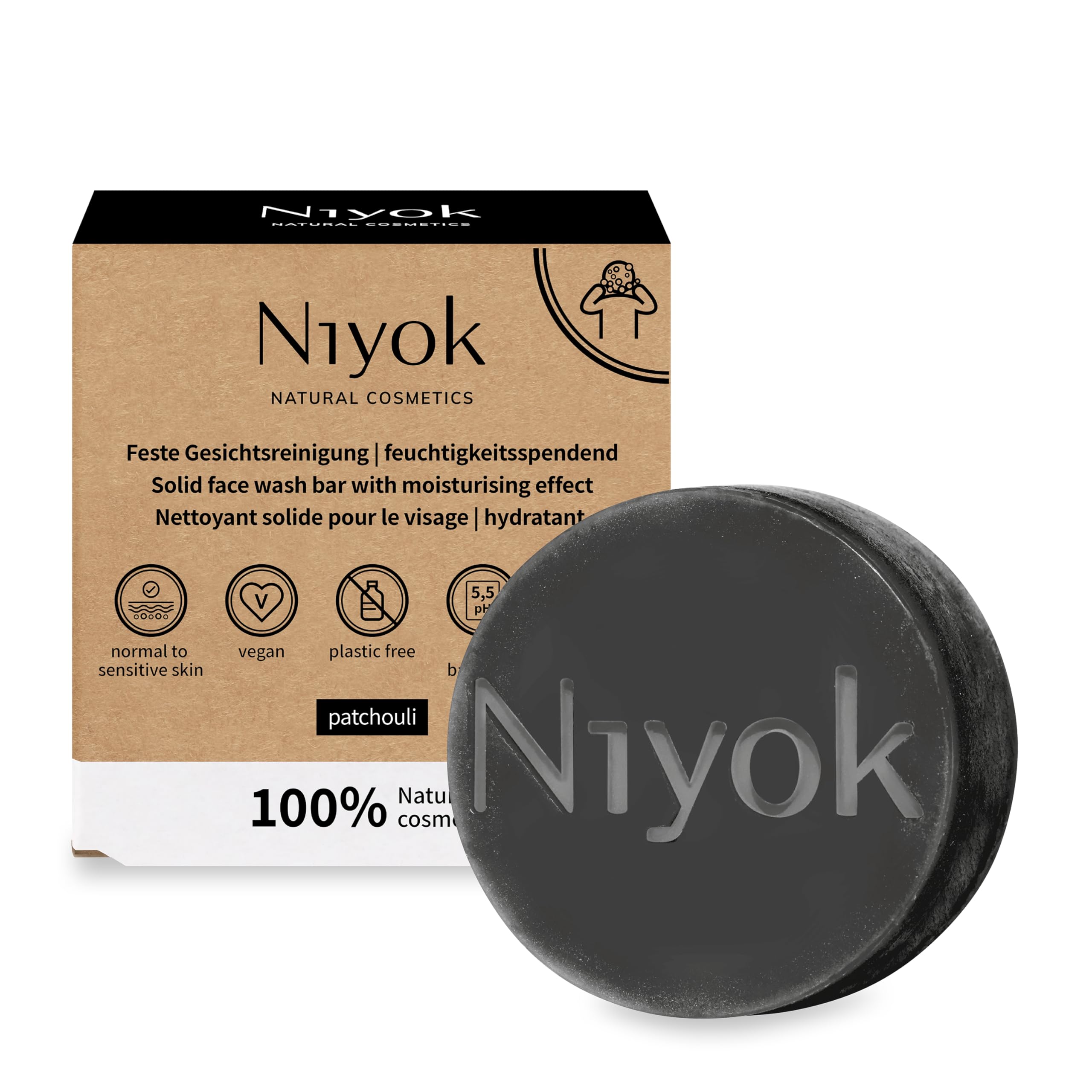 Niyok® 2-in-1 Solid Face Cleanser | Vegan & Organic | Plastic-Free Natural Skincare | Activated Charcoal & Patchouli | Gentle on Skin (80 g)