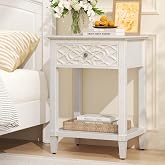 26" Night Stand with Drawers, Painted Bedside Table, Solid Wood Nightstand | Pine Leg and Solid Wood Frame Nightstand, Side Table End Table for Bedroom, Carved Pattern, Distressed White