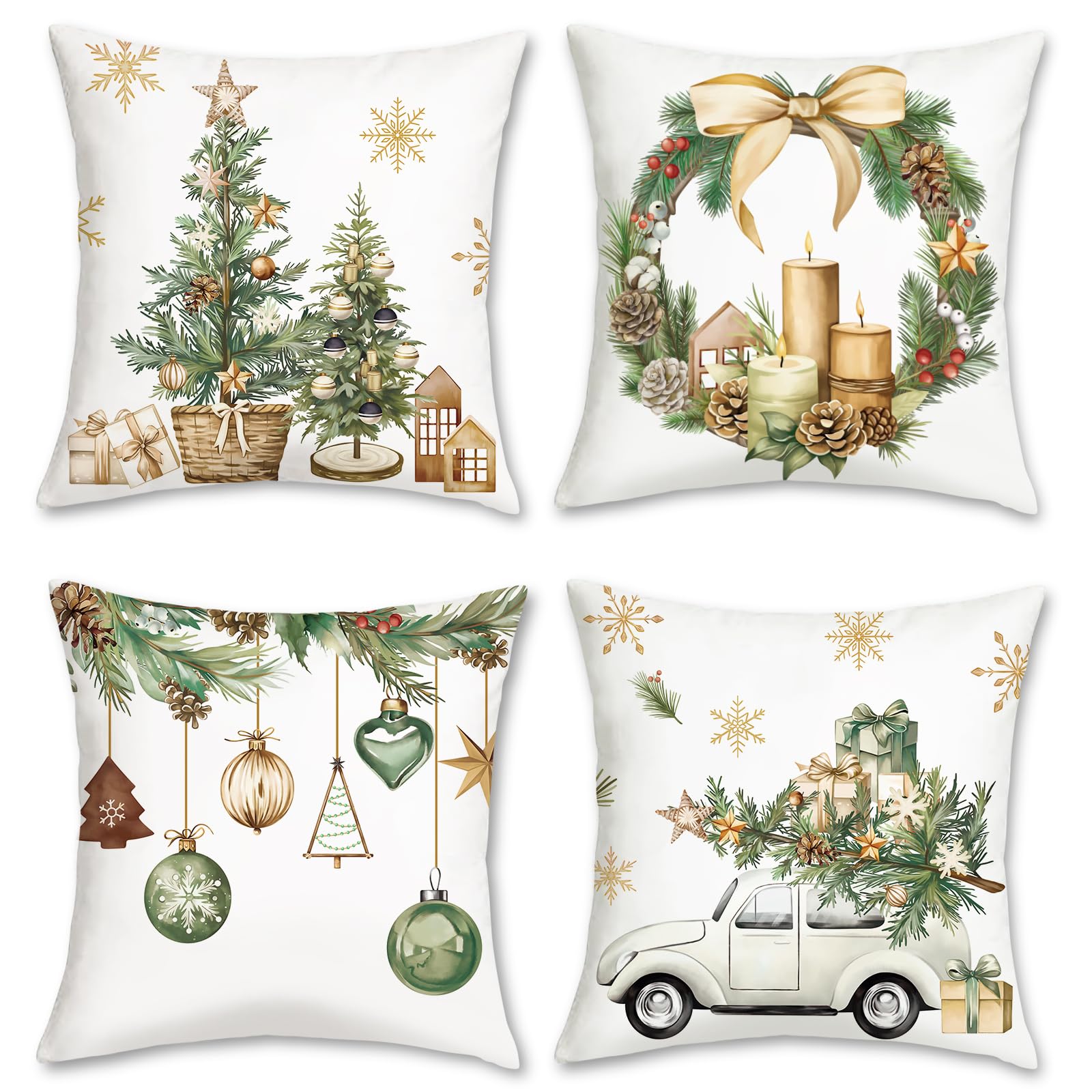 Bonhause Winter Christmas Cushion Covers 45 x 45 cm Xmas Trees Balls Pine Leaves Cones Truck Decorative Throw Pillow Covers for Sofa Couch Bed Home Winter Holiday Decor Set of 4
