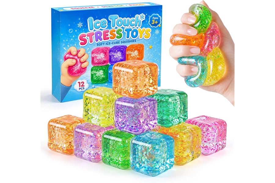 12Pcs Glitter Ice Stress Cube - Slow Rising Stress Balls Sensory Fidget Toy | Satisfying Squeeze Toy for Anxiety Relief, Suitable for Kids Adults, Classroom Prizes & Party Favors