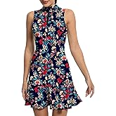 Tennis Dress for Women Athletic Golf Dress with Built in Separate Shorts Backless Workout Dress with Adjustable Straps Blue Red Flowers