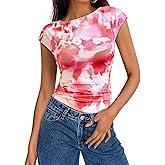 PRETTYGARDEN Women's Summer Floral Mesh Tank Tops 2025 Trendy Casual Cap Sleeve Slim Fitted Blouse Shirt Going Out Outfits