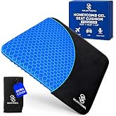 Gel Seat Cushion for Long Sitting, Pressure Relief for Tailbone and Back | Double-thick cooling honeycomb gel eases tailbone and back pressure. Two washable covers, non-slip base.