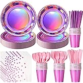 Iridescent Pink Party Supplies Decorations Serve 25, Hot Pink Holographic Paper Plates and Napkins Set, Disposable Pink Paper Plates Cups Knives Spoons Fork for Mermaid Disco Birthday Graduation Party