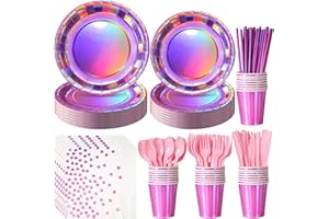 FUNNYPARS Iridescent Pink Party Supplies Decorations Serve 25, Hot Pink Holographic Paper Plates and Napkins Set, Disposable Pink Paper Plates Cups Knives Spoons Fork for Mermaid Disco Birthday Graduation Party