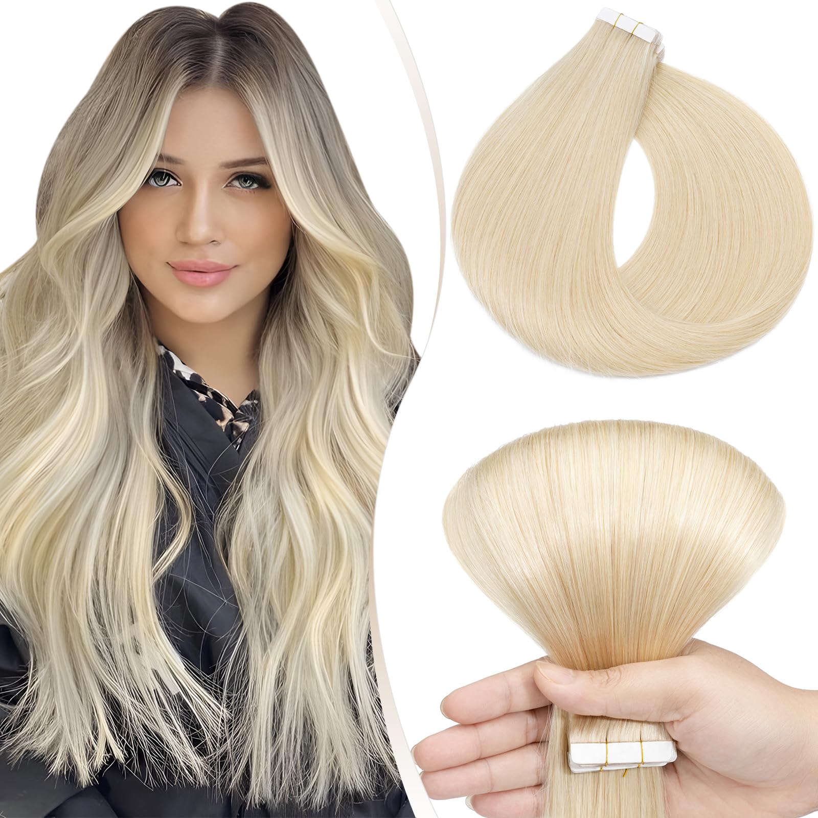 Elailite Tape in Hair Extensions Human Hair 10 Pcs Real Hair Invisible Thin Type Skin Weft Remy Hair Extension (#60 Platinum Blonde, 14 Inch-10g)