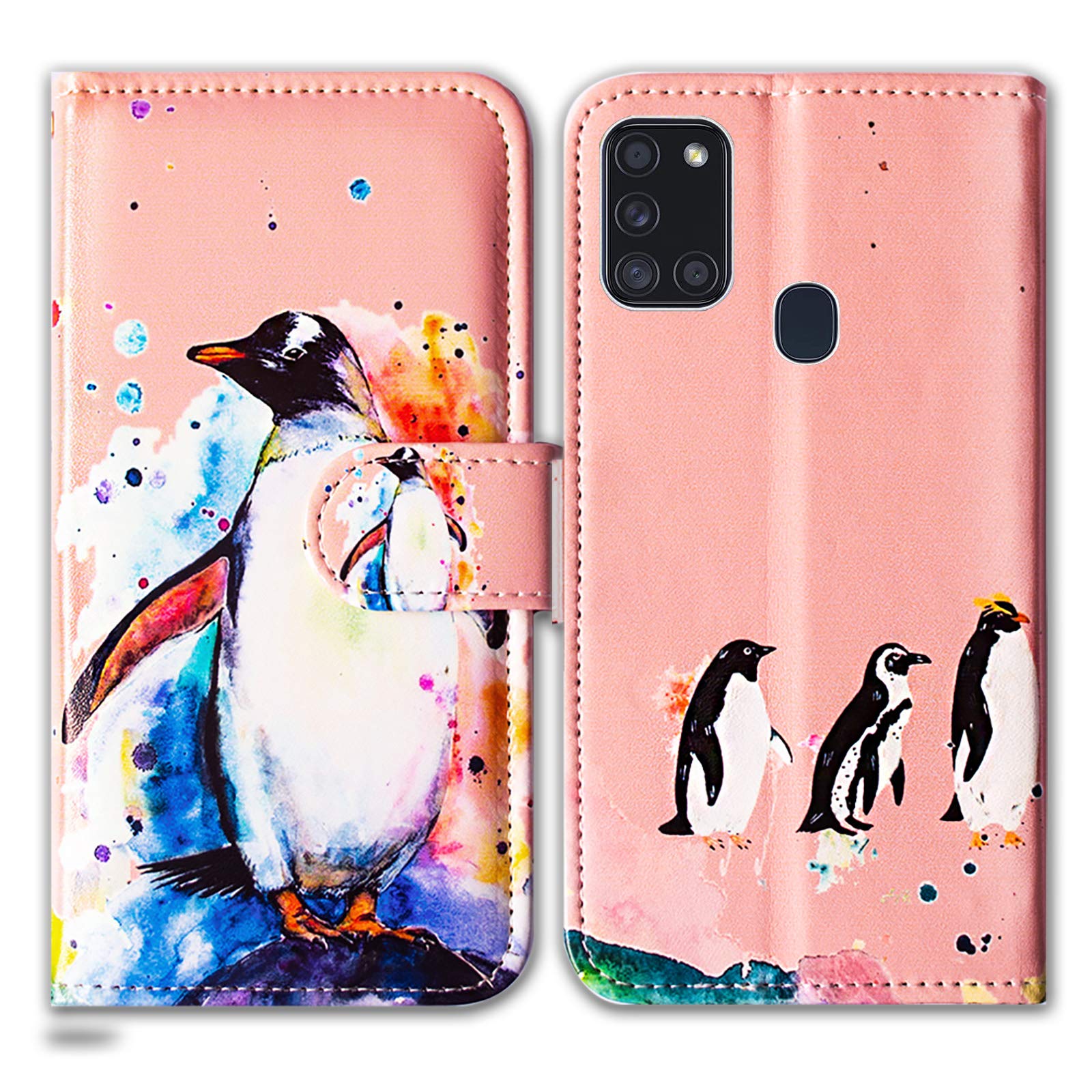 Bcov Galaxy A21s Case, Penguin Drawing Leather Flip Wallet Case Phone Cover with Card Slot Holder Kickstand For Samsung Galaxy A21s