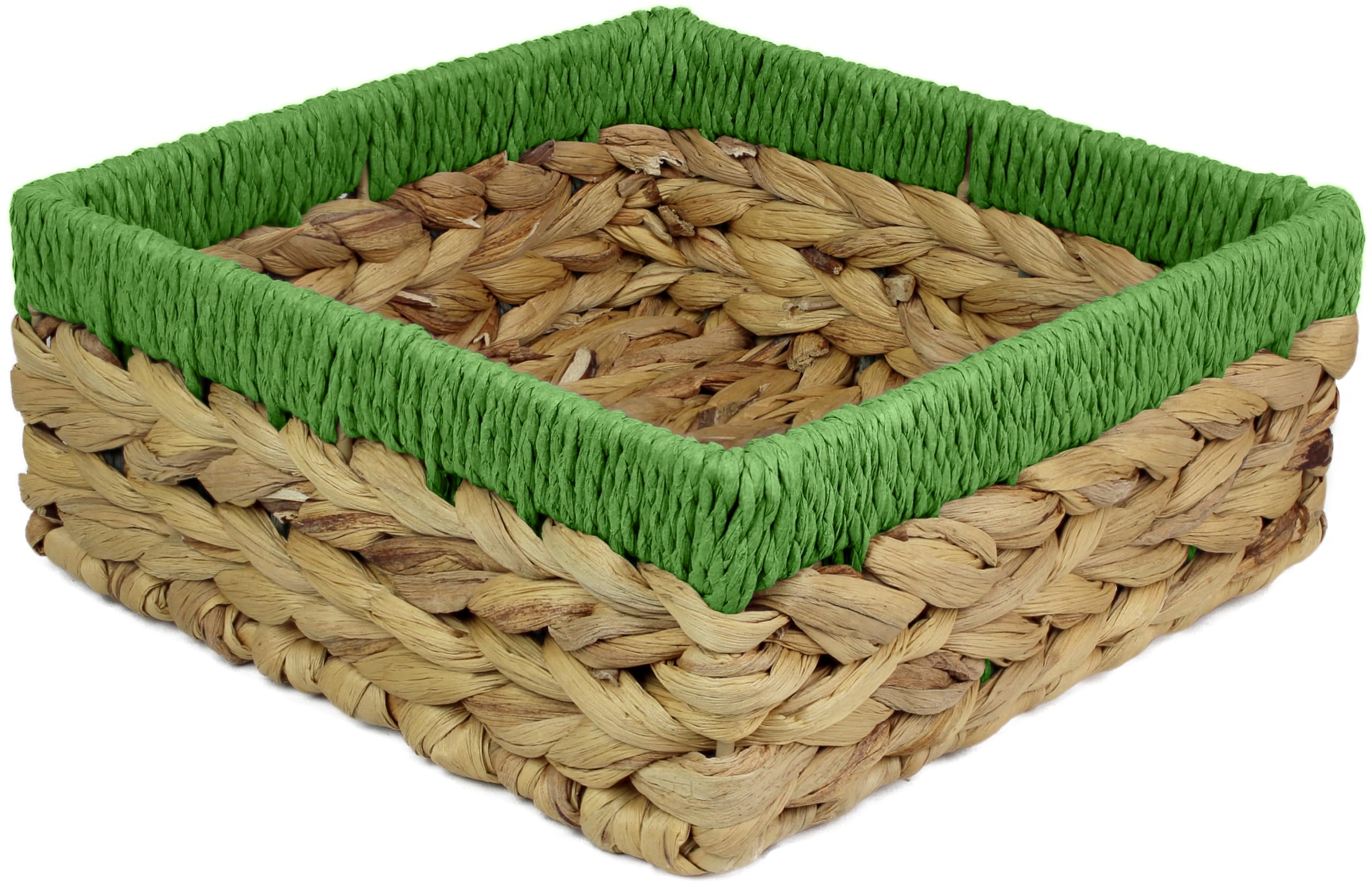 Small Water Hyacinth Square baskets for storage. Natural with Green edges for shelves open hamper decorative gift mini tray make up Kitchen organiser (1 x Pack, large 22cm)