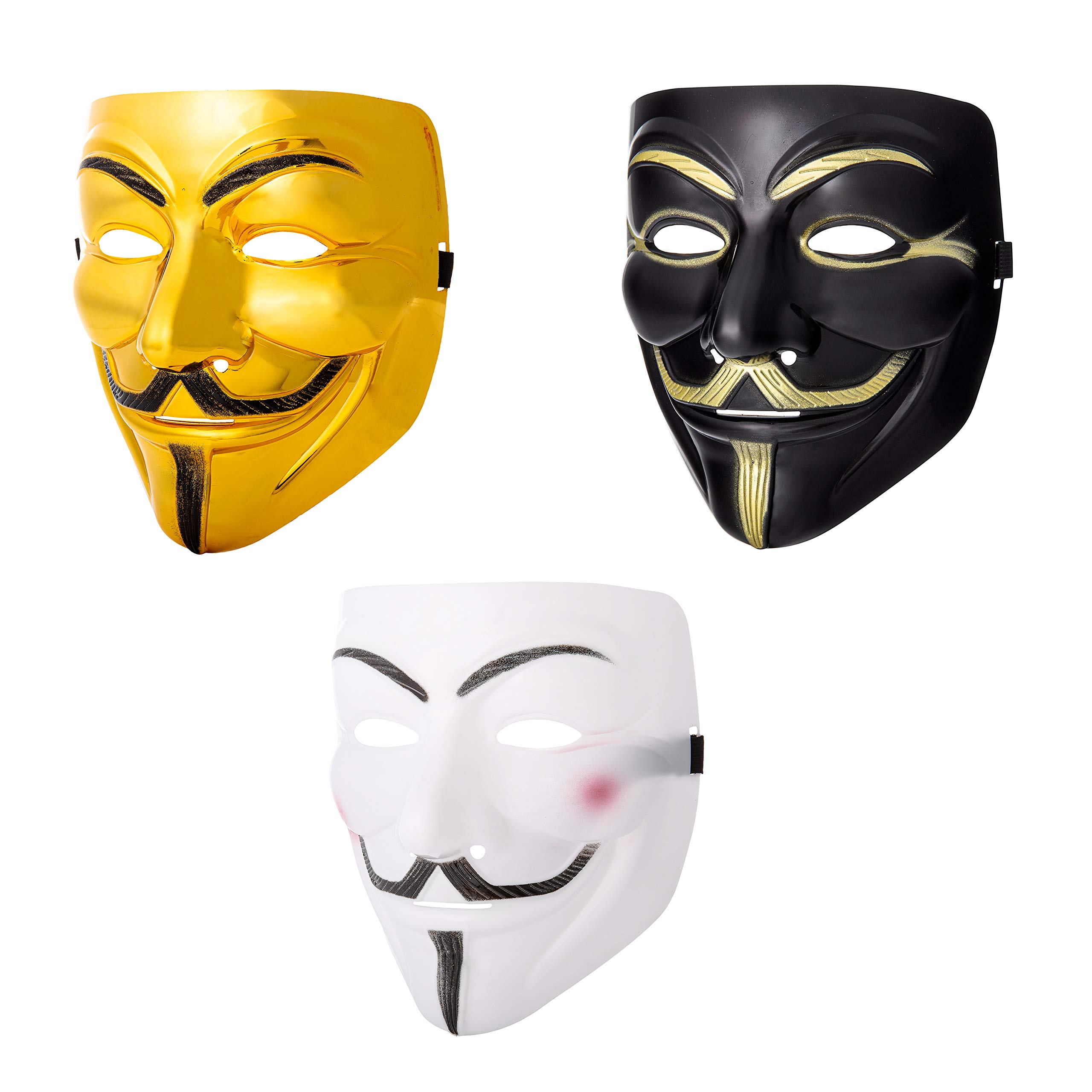 Ultra Guy Fawkes Mask - White, Black, Gold - Hacker Anonymous Halloween Fancy Dress for Adults and Kids - Anon Face Mask Costume Party Props