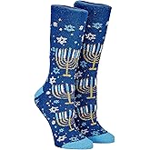 Menorah Hanukkah Fuzzy Socks - Cozy Winter Holiday Crew Socks Unisex Size 10-13 - Soft Festive Blue Menorah Design with Snowflakes - Perfect Warm Gift for Chanukah Celebration