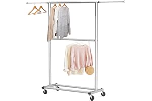Simple Houseware Double Rod Clothing Rack on Wheels - Expandable Garment Rack for Hanging Clothes, Grey