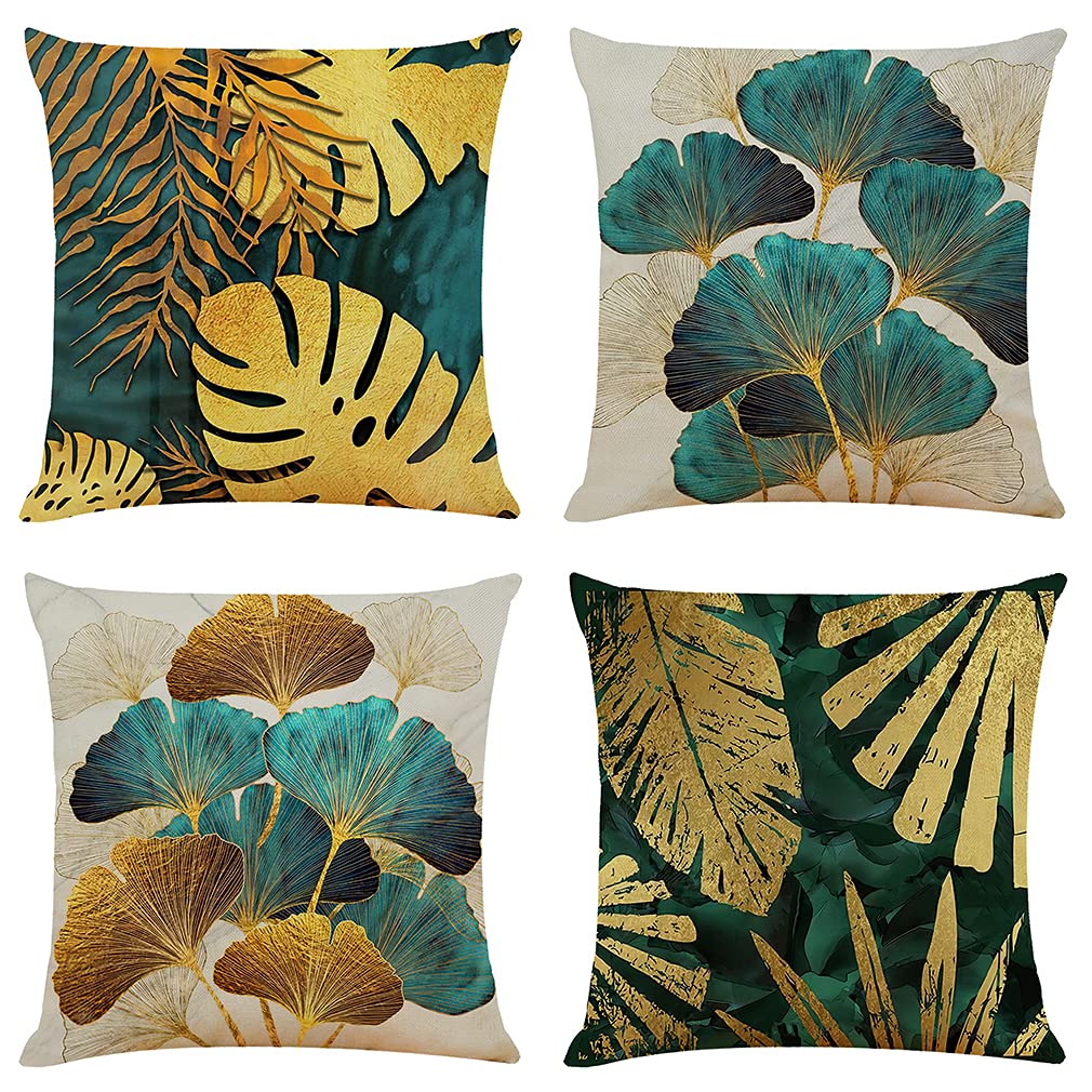 Sweetwill Set of 4 Decorative Cushion Covers 50cm x 50cm Linen Jungle Throw Pillow Cases Gold Turquoise Farmhouse Natural Cushion Covers 20x20 inches Sofa Cushions Modern Living Room Outdoor Garden
