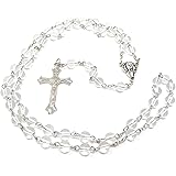 R. Heaven Clear Glass Catholic Rosary Beads Our Lady Center 6mm Silver Chain and Cross