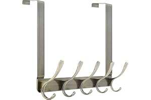 SKOLOO Over The Door Hook - 5 Hooks, Over Door Hook Hanger for Hanging Clothes/Towels/Coats/Backpack/Hat, Over Door Coat Rack (Bronze)