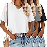 Ficerd 3 Pack Women's V Neck Crop Tops Half Sleeve Drop Shoulder Basics Cropped Top Boxy Tees for Girls