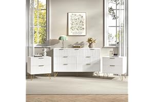 BAZELOR 7 Drawer Dresser and Nightstand Sets for Bedroom, 3 Pcs Fluted Bedroom Set，Night Stand Set of 2 & 7 Drawer Dresser with Golden Handles, Wood Chest of Drawers Storage Cabinet Set, White
