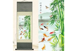 Newscz Asian Wall Art Chinoiserie Decor Silk Scroll Painting Art Poster Bamboo Brings Good News Bamboo Wall Mural Art for Living Room Asian Home Oriental Decor 36 by 12 in