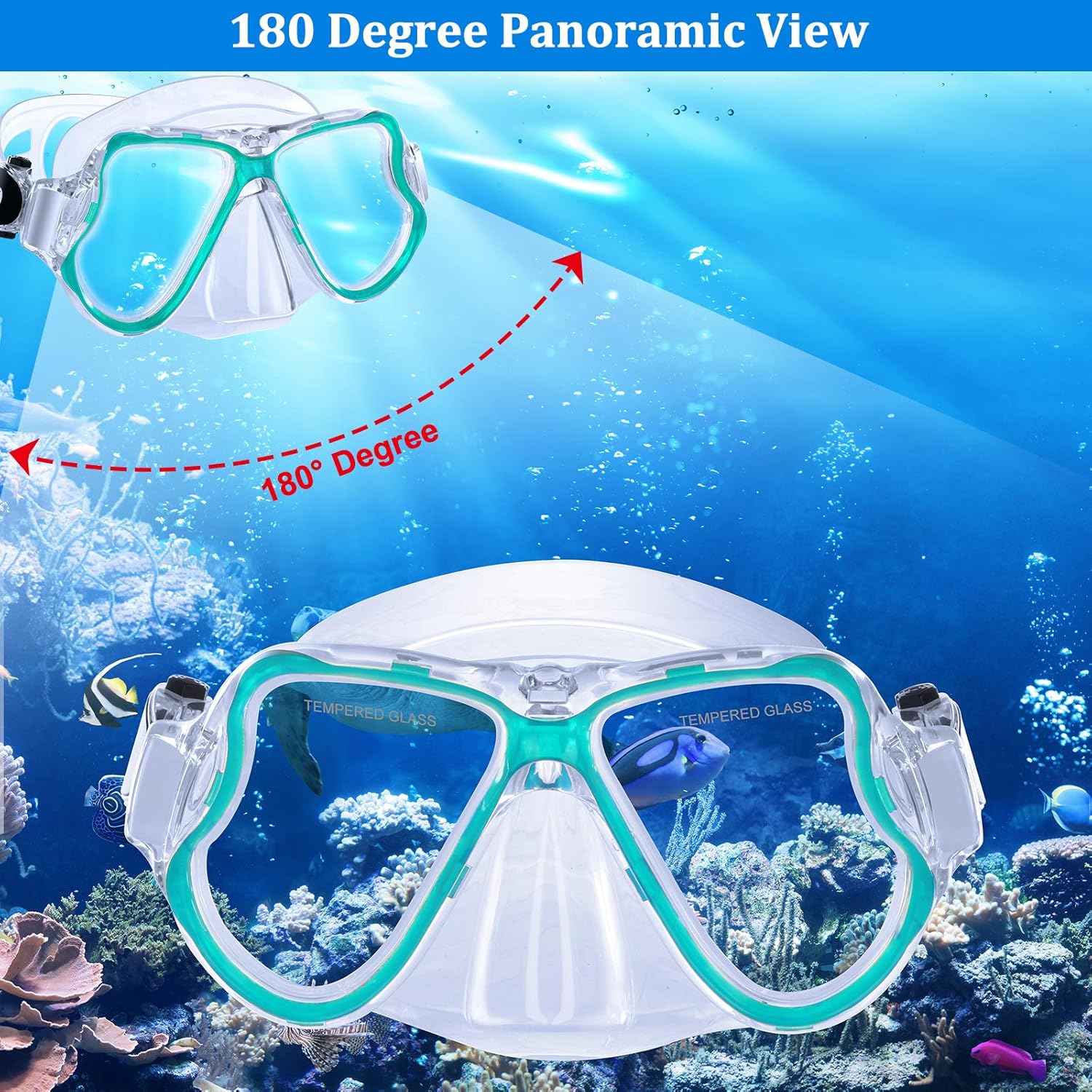 JARDIN Dry Top Snorkel Set, Panoramic Wide View Snorkel Mask, Anti-Fog Tempered Glass Diving Mask, Free Breathing& Easy Adjustable Strap Scuba Mask, Professional Snorkeling Gear for Adults (Teal) : Sports & Outdoors