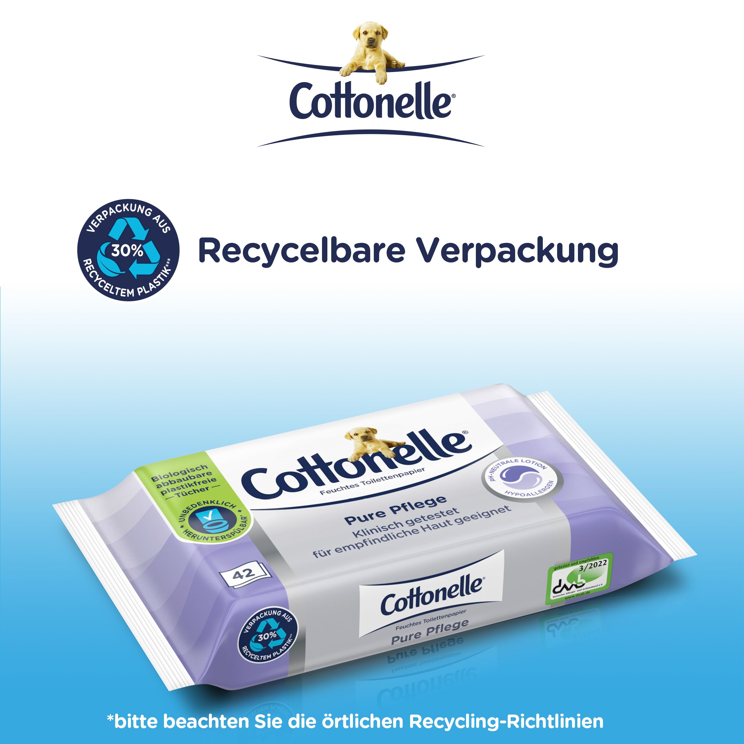 Cottonelle Feuchtes Toilettenpapier Pure Pflege, ultra-sensitive, 99% Wasser, 12 x 42 Tücher, parfümfrei & hypoallergen 5