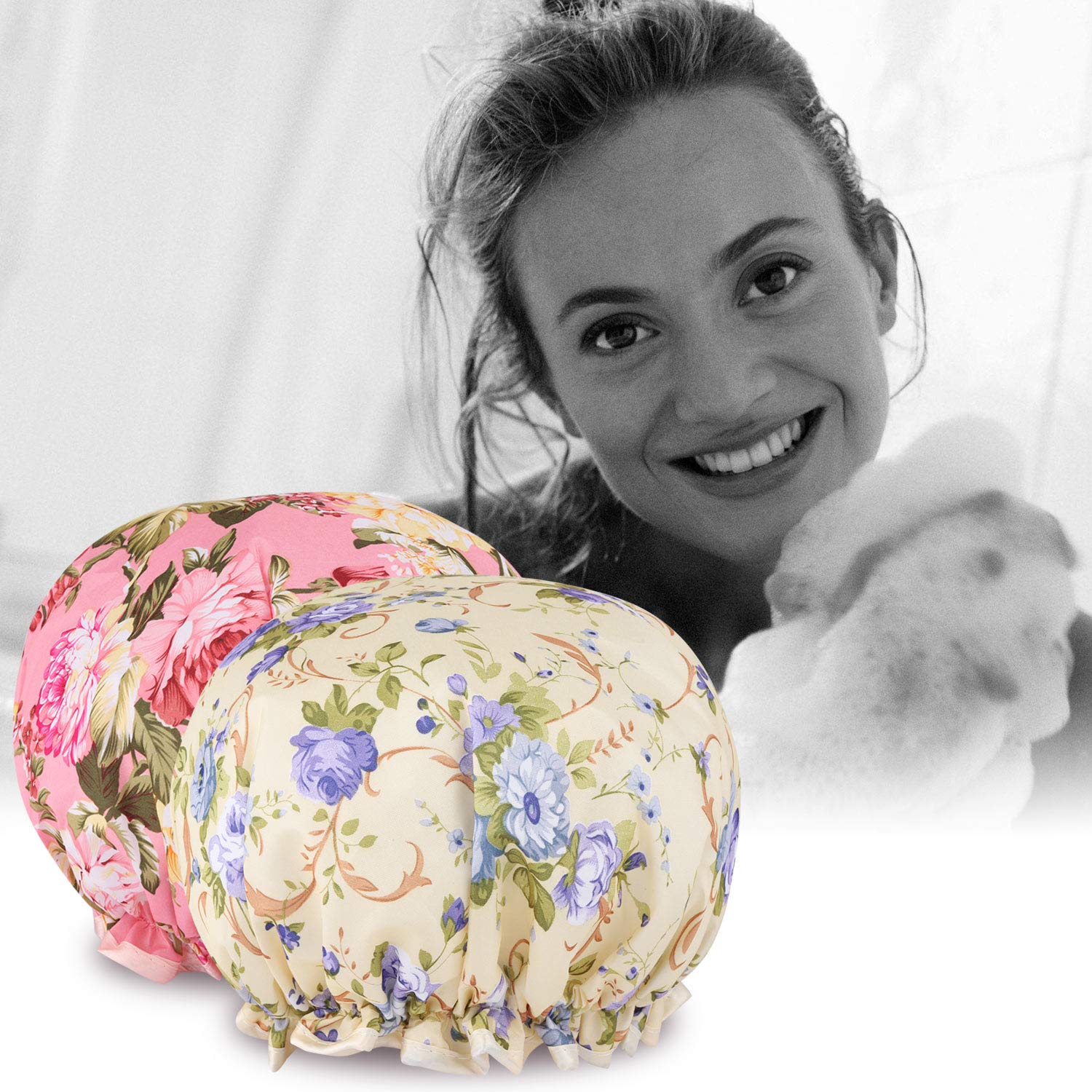 Flower Shower Caps for Women and Girl, Bath Cap 10.5" Waterproof Double Layers Reusable for Women Hair Protection EVA Plastic Lace Elastic Band : Beauty