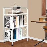 villertech Foldable 3-Tier Metal Shelf with Wheels - Folding Bookshelf Unit for Living Room, Kitchen, Study 12.6" D x 23.6" W x 33.8" H, Glossy White