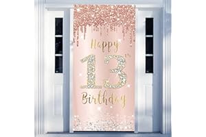 EXCELLOON Happy 13th Birthday Door Banner Backdrop Decorations for Girls, Pink Rose Gold 13 Birthday Party Door Cover Sign Supplies, Thirteenth Year Old Birthday Poster Background Photo Booth Props Decor