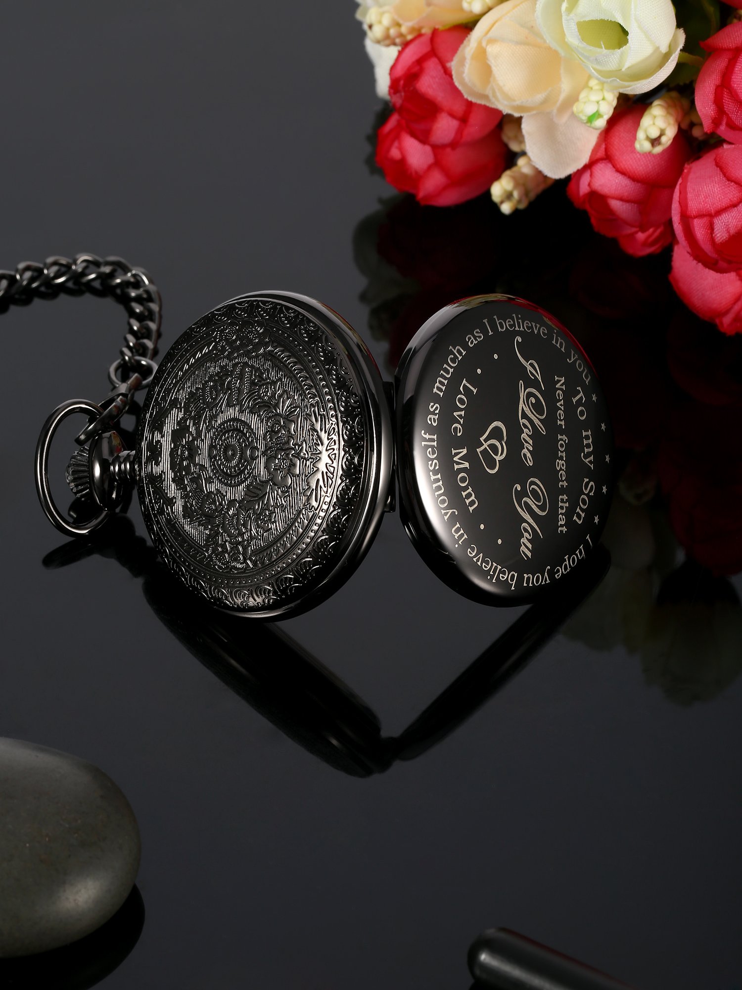 Hicarer Pocket Watch Gift for Son-Never Forget That, I Love You, Love Mom-from Mother to Son Pocket Watch with Chain