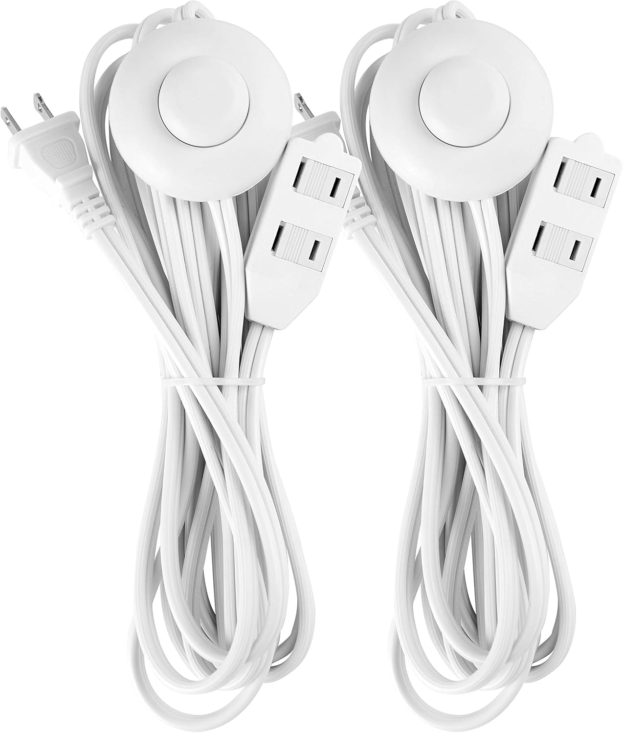 8 Foot Flat Plug Extension Cord, 3 Prong Grounded Wire, Angled Plug, White, UL Listed 2PK - - 