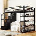 MoproBeti Full Size Loft Bed with Storage Stairs and Built in Wardrobe, Metal Loft Bed Full with 4-Storage Shelves, Space-Saving Bed Frame with Steps & Guardrails for Kids Adults Bedroom, Black