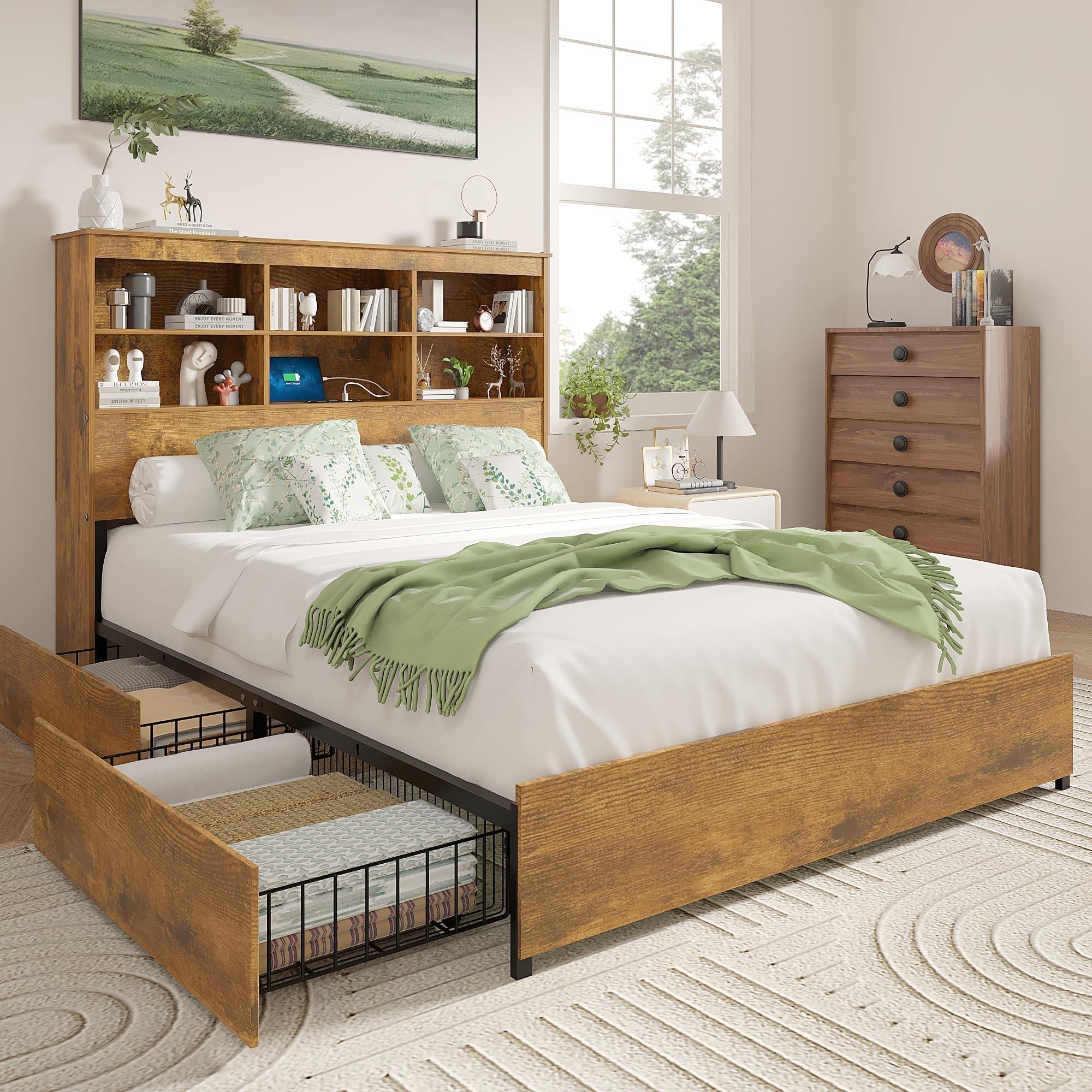 Photo 1 of VECELO Queen Size Bed Frame with 50" Tall Storage Bookcase Headboard, 4 Large Storage Drawers & Charging Station, Heavy-Duty Metal Slats/No Box Spring Needed, Rustic Brown