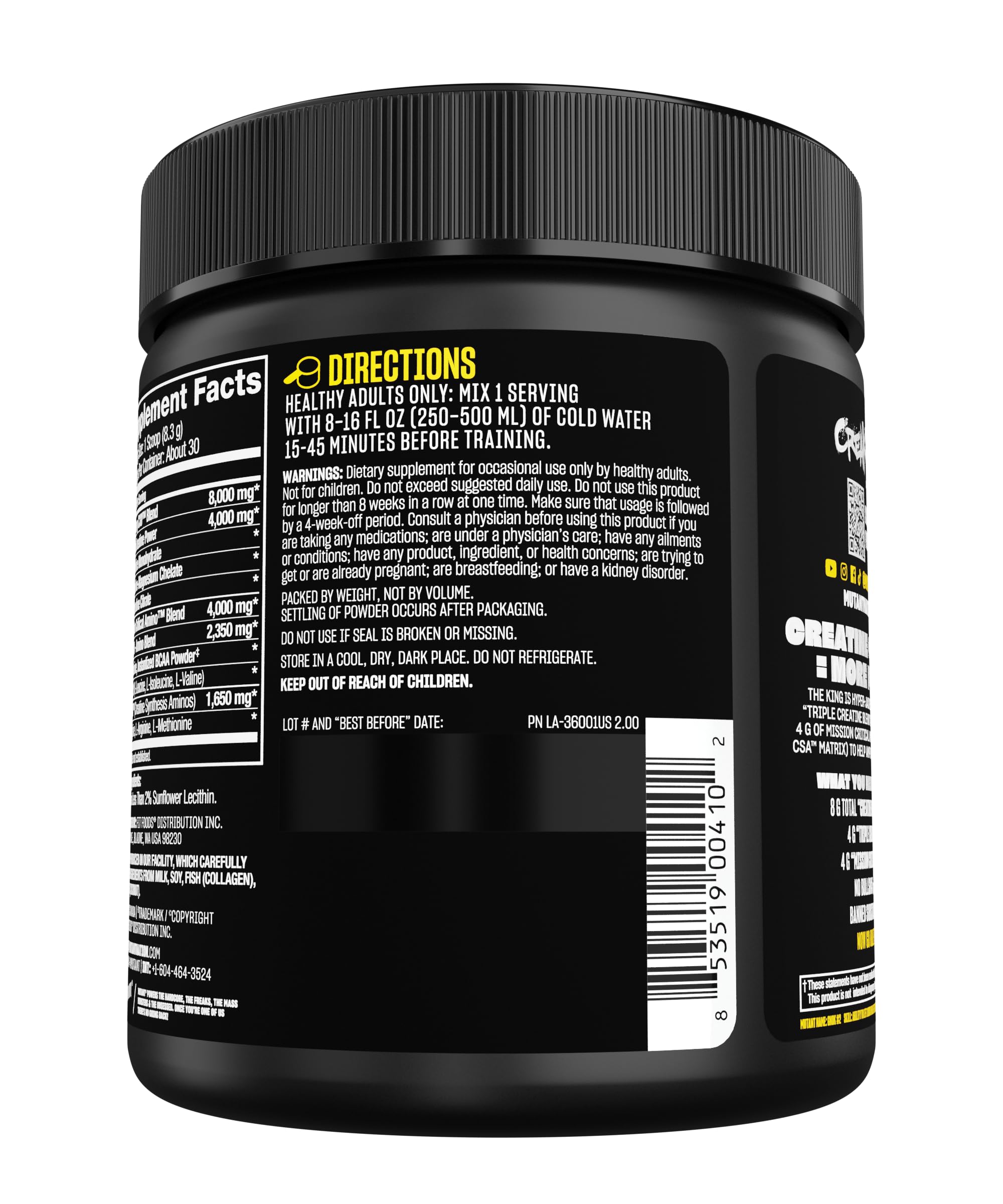 Mutant CREAKONG CX8 – Advanced Creatine + Amino Supplement with 4g Triple Creatine Blend, 4g Amino Blend (BCAAs & Taurine) for Muscle Growth & Performance – Unflavoured, 249g (30 Servings)
