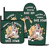 Funny Oven Mitts and Pot Holders Sets Green Skeleton Kitchen Mitts for Women Chef Cookie Baker Gifts Humorous Birthday for Mom Sister (Green, Oven Mitts & Pot Holders)