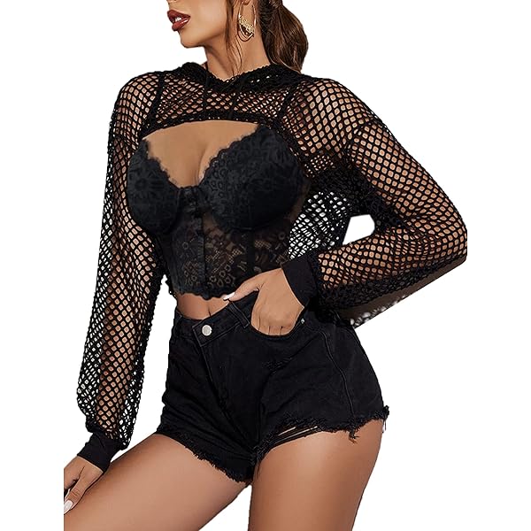 VOHOTO Women's Cropped Mesh Hoodie See Through Long Sleeve