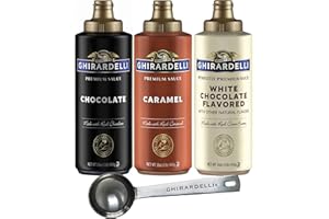 Ghirardelli Chocolate Sauce, White Chocolate Flavored Sauce, Caramel Sauce 16 oz Squeeze Bottles (Pack of 3) with Ghirardelli Stamped Barista Spoon