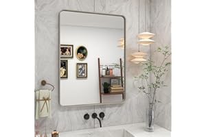 VANLIO Silver Brushed Bathroom Mirror, 24x32 Silver Metal Framed Mirror for Vanity, Rounded Rectangle Modern Wall Mirror, Anti-Rust, Shatterproof(Horizontally/Vertically)