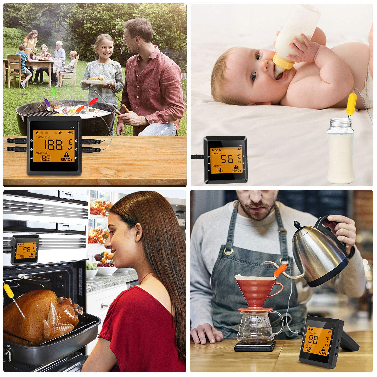 Meat Thermometer Wireless Smart Digital Bluetooth Super Fast Instant Read 6 Long Probes Grill Thermometer, Phone App Wifi Remote Food Thermometer for Kitchen Cooking Food BBQ Grill Candy Smoker ( IOS & Android )